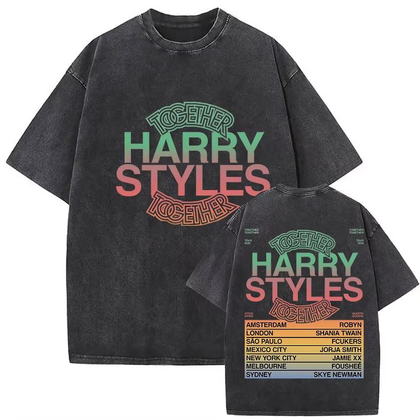 Harry Styles Together Tour 2026 Vintage Washed T-Shirt Men Women Pop Music Fashion Oversized Cotton Casual Streetwear