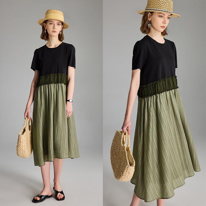 Wudao Color-block Patchwork Pleated Tencel A-Line Dress M