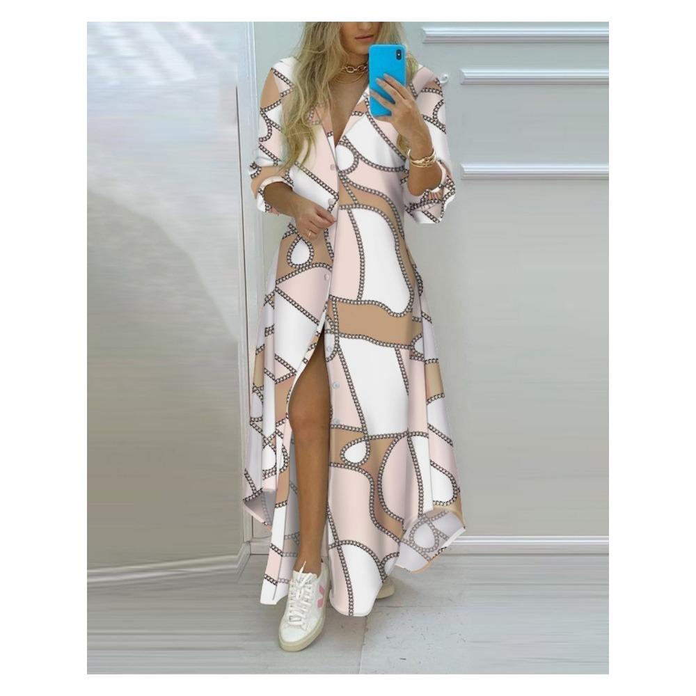 Frühling Herbst Sexy Polokragen-Shirtkleid Damen Langarm Retro-Stil Personalisiertes Druckkleid Lässiges Shirtkleid