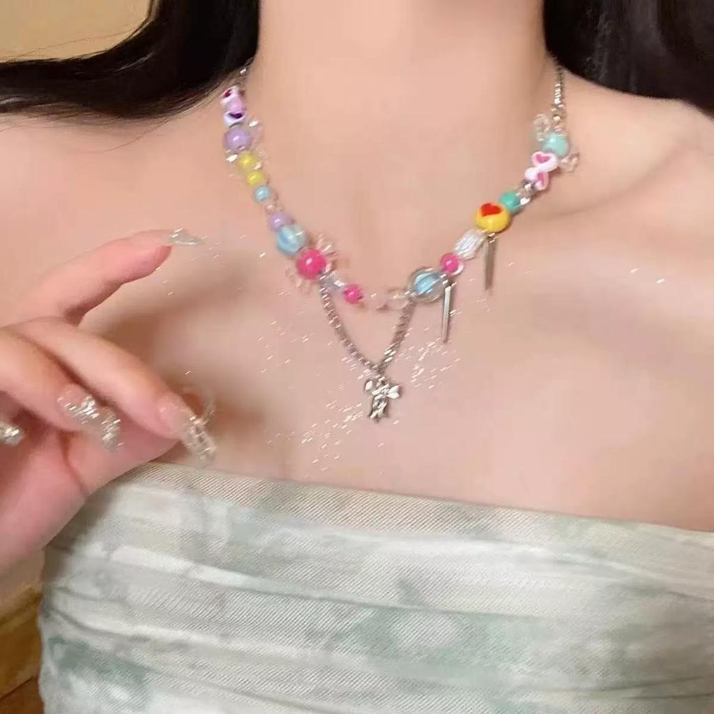 Dopamine Color Acrylic Rice Beads Apple Pendant Necklace Small Fresh Sweet Versatile Clavicle Chain Exquisite Necklace