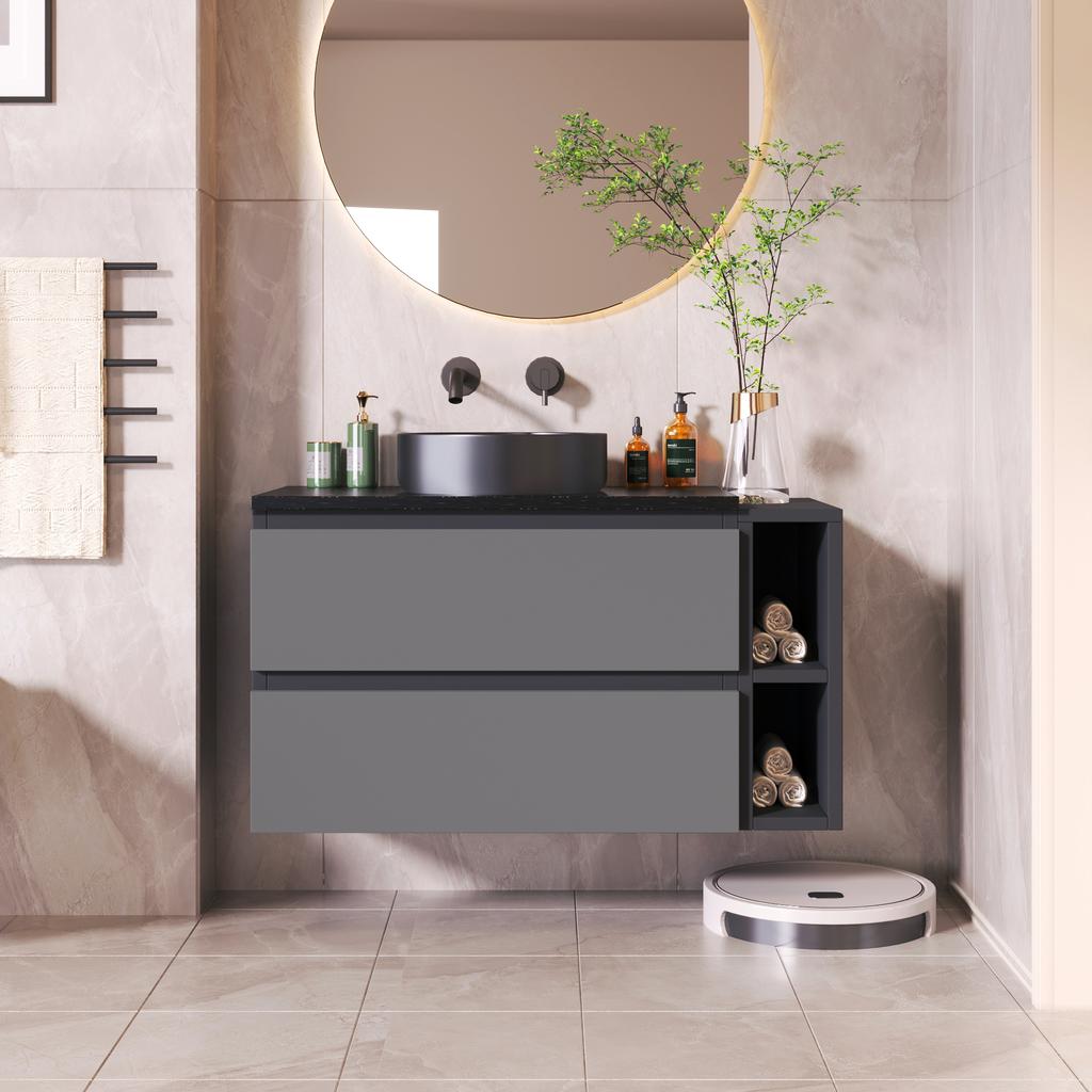 Wandmeubel 80cm Breed, met Keramische Wastafel, met Lades, Modern Design, Zwart-Grijs