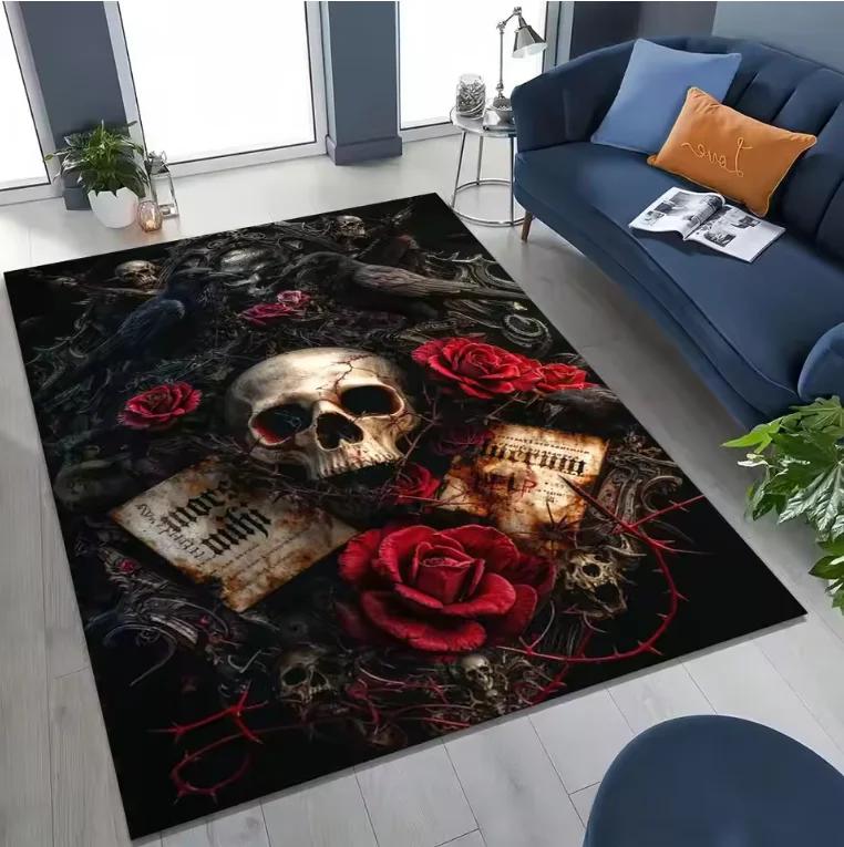 VIKAMA Gothic Rose Skull Non-slip Washable Rug for Living Room Gaming Room Decor