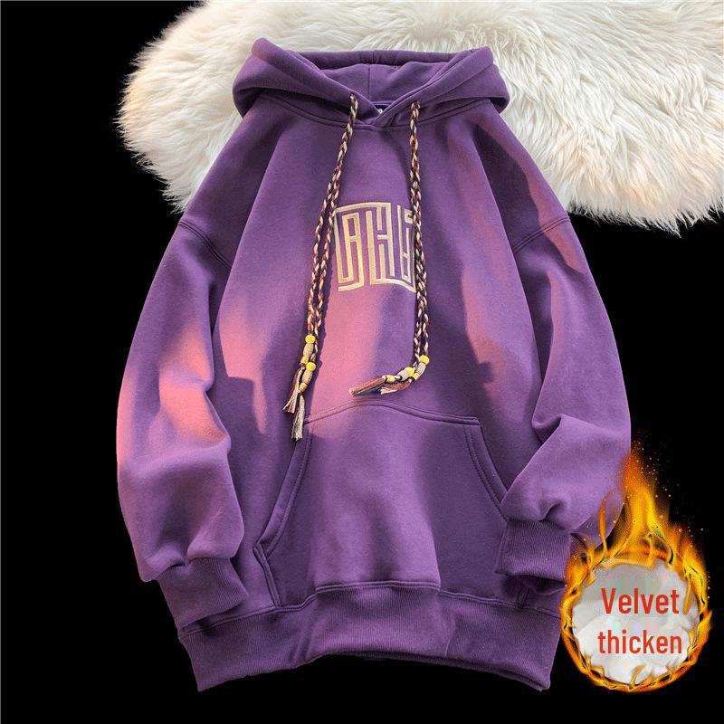 Men's Trendy Purple Oversized Hooded Sweatshirt - Autumn/Winter 2023, Plus Velvet, Thickened, Large Size