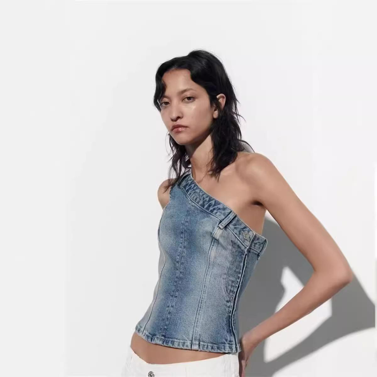 

Дизайнерский джинсовый жилет без рукавов с косыми плечами, женский, с боковой молнией, облегающий, нерегулярный, короткий топ-труба XS синий