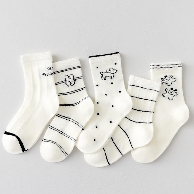 5pairs/set Children's Lovely Animal Boys Socks White Cute Dog Cotton Socks Cartoon Girls Spring Summer Striped Dog Sock
