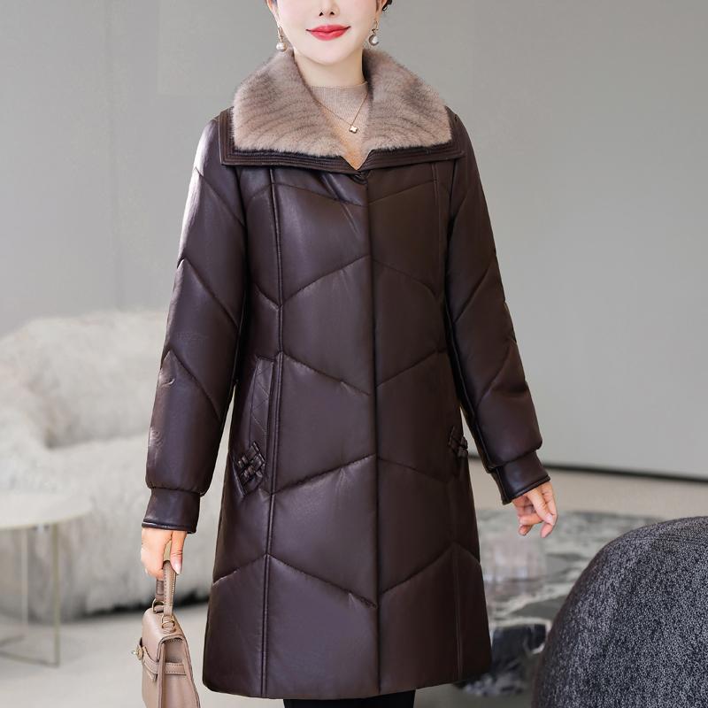 

Зимнее длинное пальто из искусственной овчины для женщины среднего возраста с меховым воротником, элегантная теплая зимняя парка, женская кожаная куртка 5XL коричневый