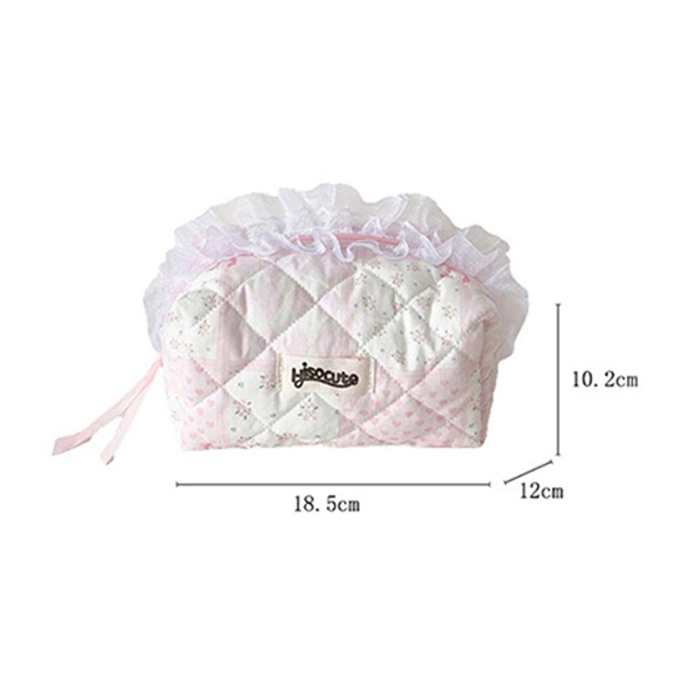 Quilted Makeup Bag Lace Bow Zipper Ruffles Pen Bag Sweet Toiletry Case for Women Girls