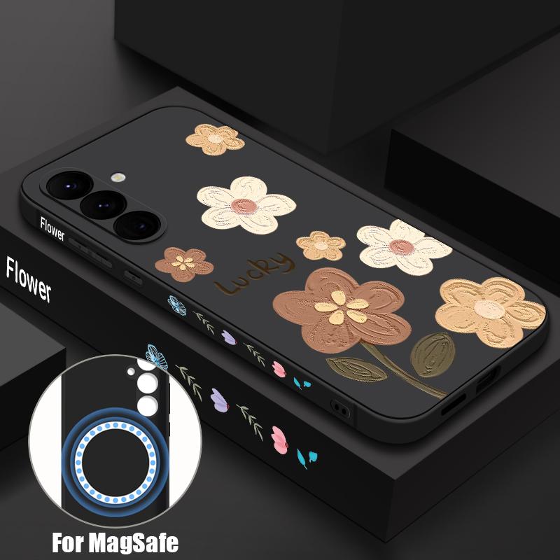 

Cartoon Lucky Flower Print Case For Samsung Galaxy S26 S25 Ultra S24 S23 FE S22 Plus S21 Built-in Metal Plate Magnetic Silicone Cover Samsung S24