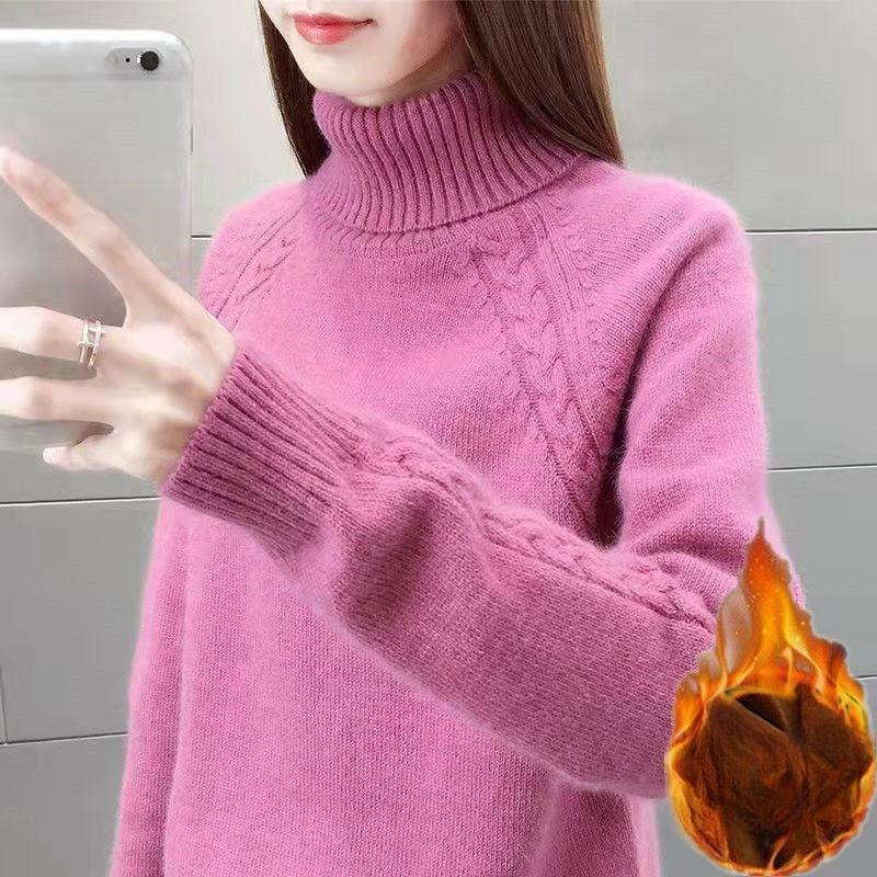 Thickened turtleneck sweater for women autumn and winter short solid color warm pullover versatile long - sleeved fleece loose knitted sweater