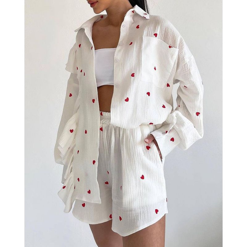 

Love Shirt and Shorts Set Fashion Heart Shape Printed Patchwork Stringy Selvedge Shirt Shorts Suit White L
