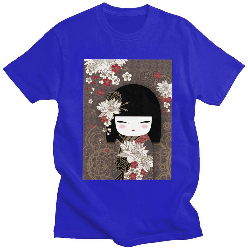 Custom Kokeshi Doll Cherry Blossoms T Shirts Men 100 Cotton Tee Tops Japanese Kimono Geisha Girl Tshirts Tshirt