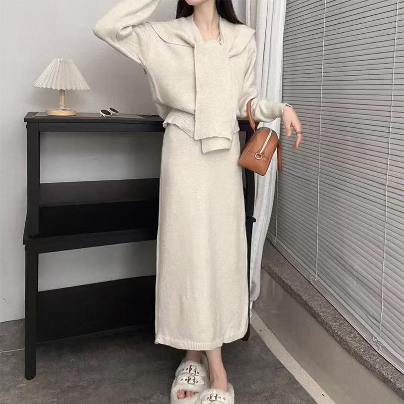 

Женский осенне-зимний тонкий комплект свитера в стиле ленивого ветра: шарф, юбка с высокой талией, вязаный кардиган, комплект из трех предметов One size