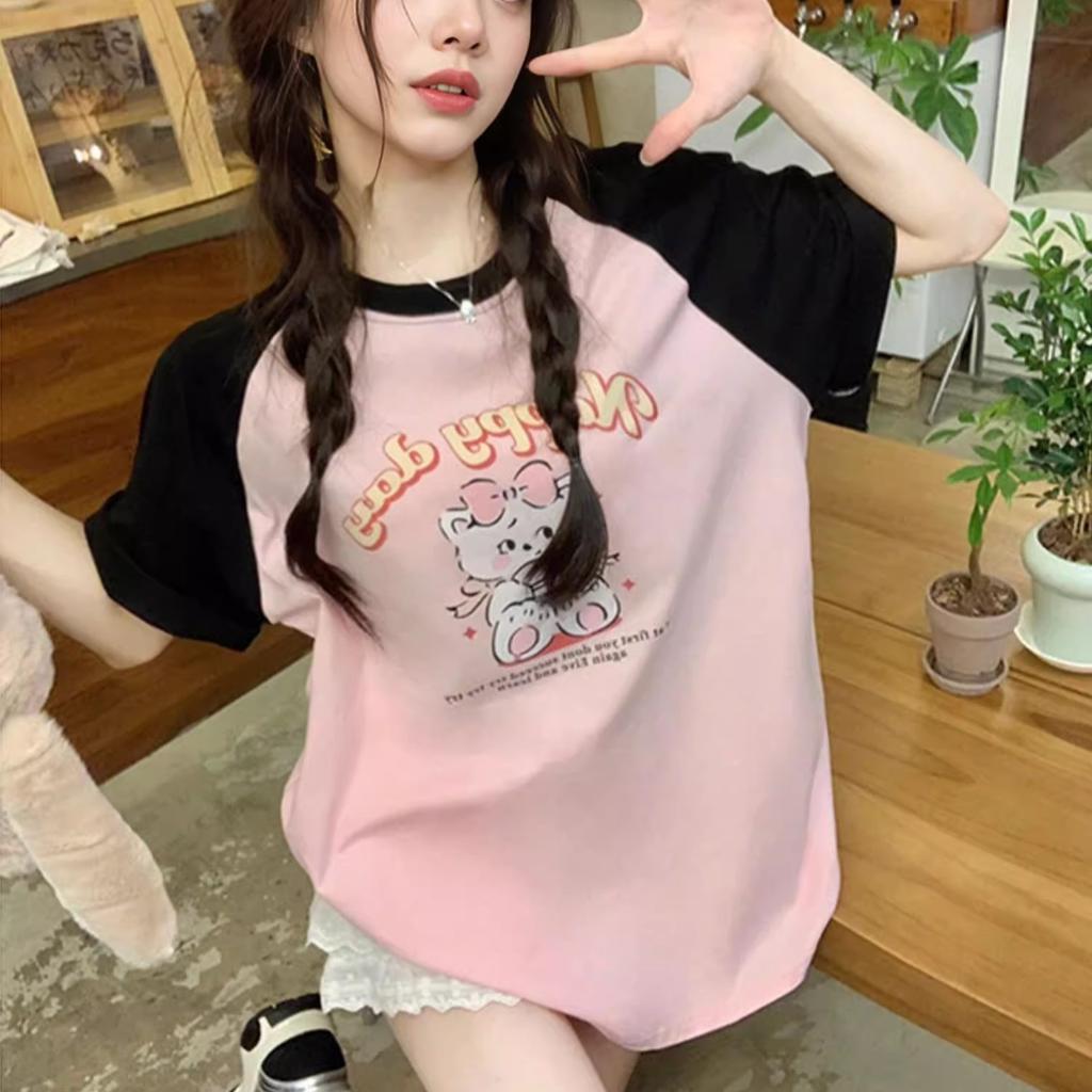 summer pure cotton Women cute cartoon Print T-Shirt harajuku Round Neck oversize Casual Y2K Tops young girl Large size t shirts streetwear