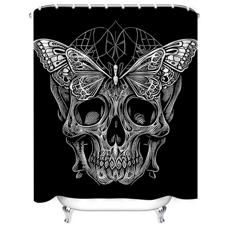 Tuniu Black Skull Bathroom Curtain, Vintage Skeleton Design, Unique Wall Decor, Gothic Style, Decorative Shower Curtain