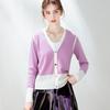 TUHUANG Women's Pure Wool Color-block V-neck Cardigan