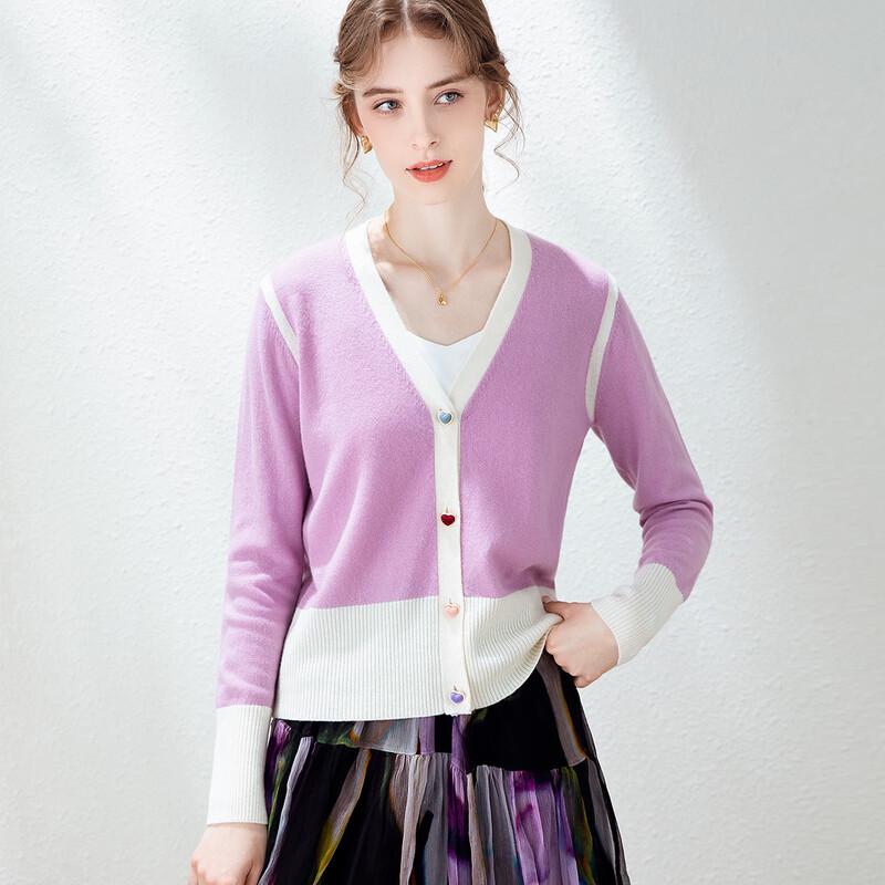 TUHUANG Women's Pure Wool Color-block V-neck Cardigan