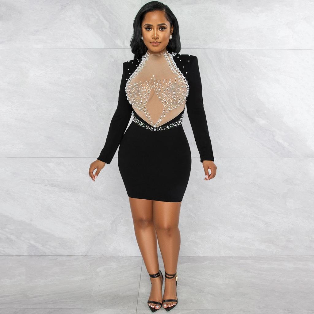 Fashion Sexy Rhinestone Mesh Beaded Backless Long Sleeve Midi Dress for Women