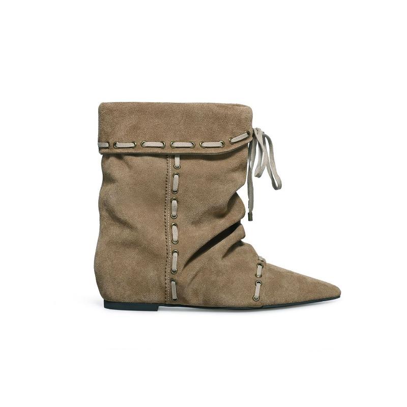 Folded Pointed Short Boots Women's Flat Bottom Straps Autumn and Winter New Retro Niche Maillard Western Cowboy Boots