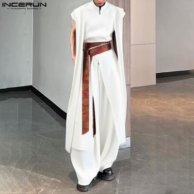 Men Sleeveless Layers High Splits Ribbon Belt Casual Long T-shirts Tops