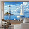 2D Ocean Lighthouse Backdrop, Sailing Boat & Seagull Photography Background for Party