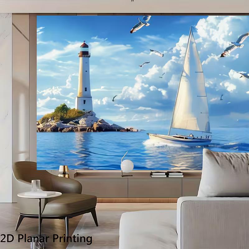 2D Ocean Lighthouse Backdrop, Sailing Boat & Seagull Photography Background for Party