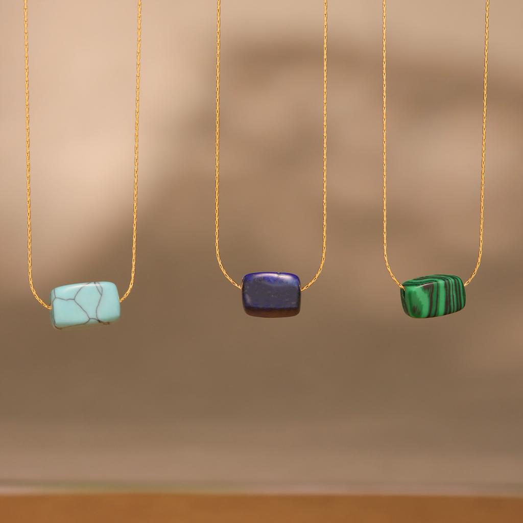 316 Stainless Steel Gold-Plated Fine Chain Fashion Necklace Square Natural Turquoise Pendant Necklace Women's Charm Zircon