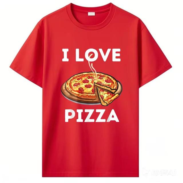 Cross-border Western trendy T-shirts for men, I Love Food tops, pizza cartoon print T-shirts, men's short-sleeve T-shirts