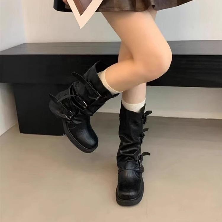 Cowhide Version! Black Trouser Boots European and American Fried Street Round Head Thick Heel Belt Buckle But Knee Fold Tall Knight Boots
