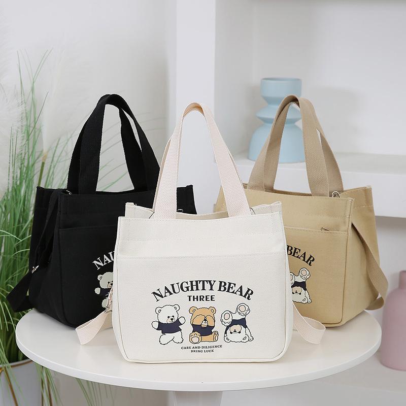 Cartoon Cute Bear Printed Pattern Canvas Tote Food Bag With Adjustable Shoulder Strap Hand Lunch Bag Canvas Bag Bento Bag