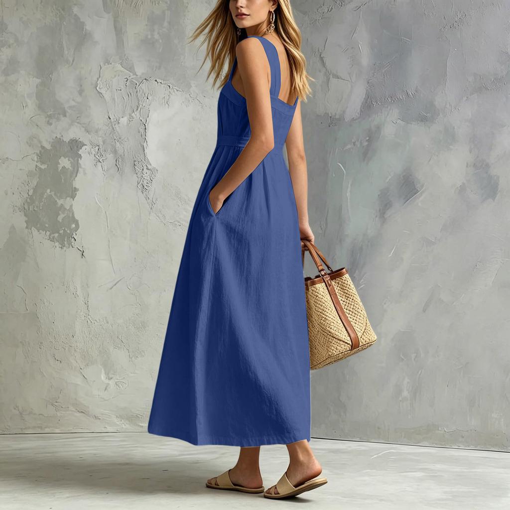 Women Sleeveless Button Front Maxi Dress Casual Long Dress with Pockets Lightweight Summer Sundress