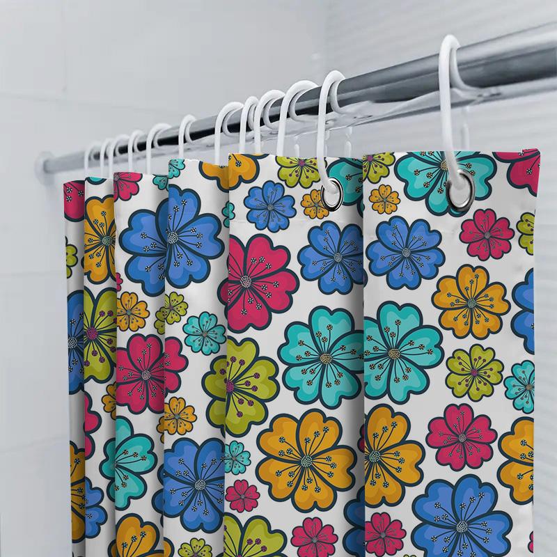 Vibrant Flower Shower Curtain Set For Bathroom Decor Multi-Colored Floral Print Waterproof Fabric With Rings Included.