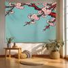 Retro Japanese Cherry Blossom Tapestry, Deep Indigo Flowers Wall Art Hanging Decoration Polyester Fiber White Ruffled Around For