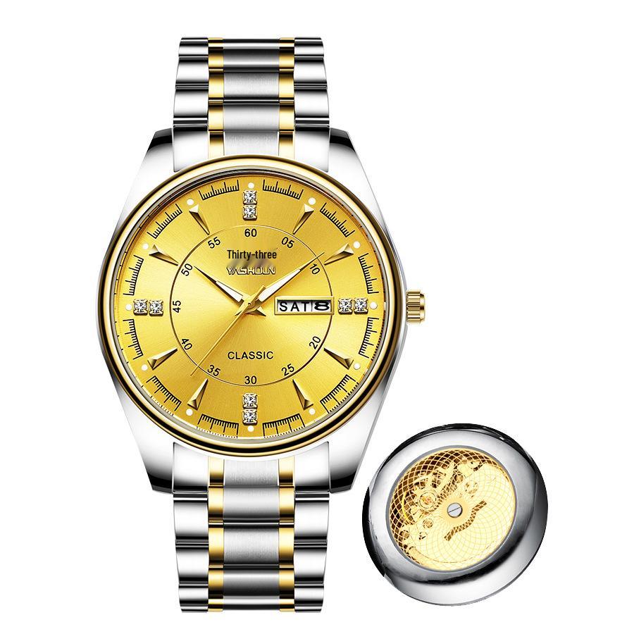 Men s Luminous Waterproof Quartz Watch with Double Calendar and Steel Band