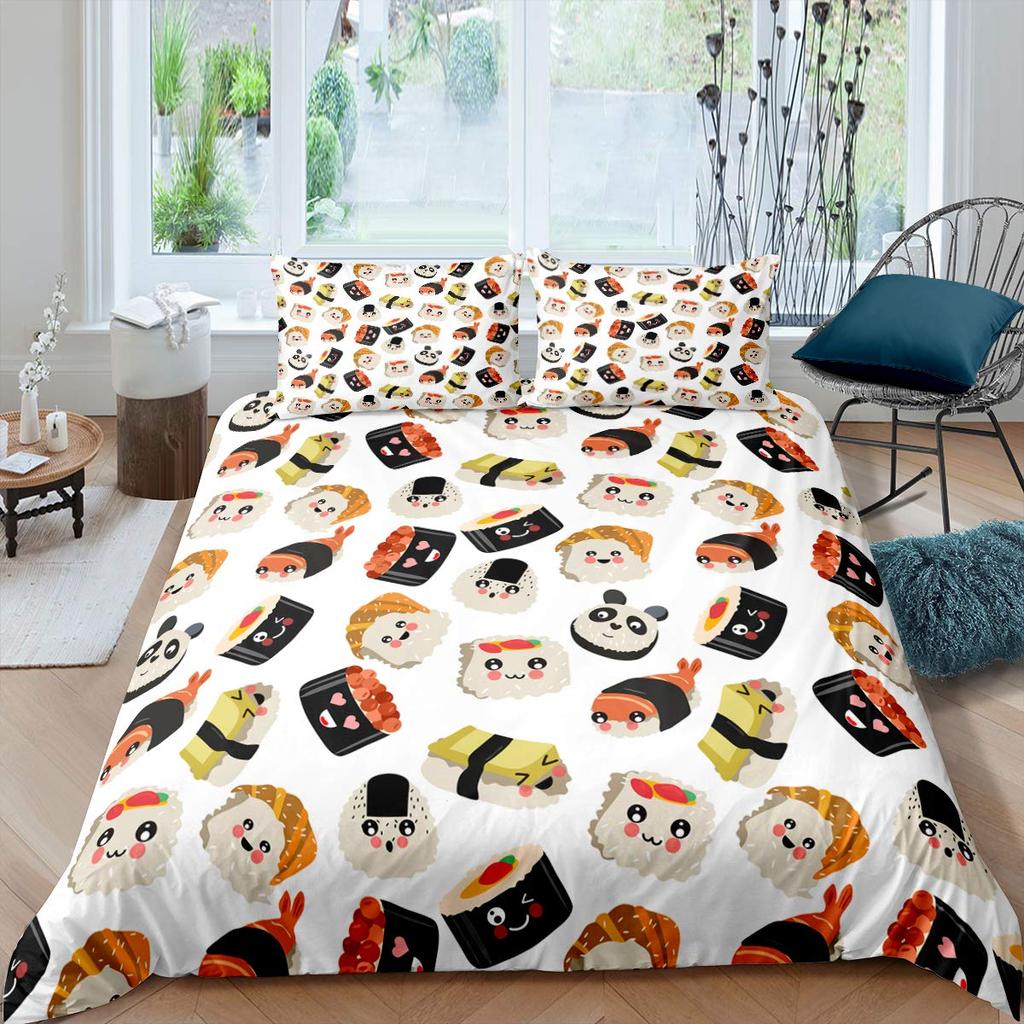 Japan Sushi King Queen Duvet Cover Marine Life Bedding Set Cartoon Japanese Food Quilt Cover Colorful Polyester Comforter Cover