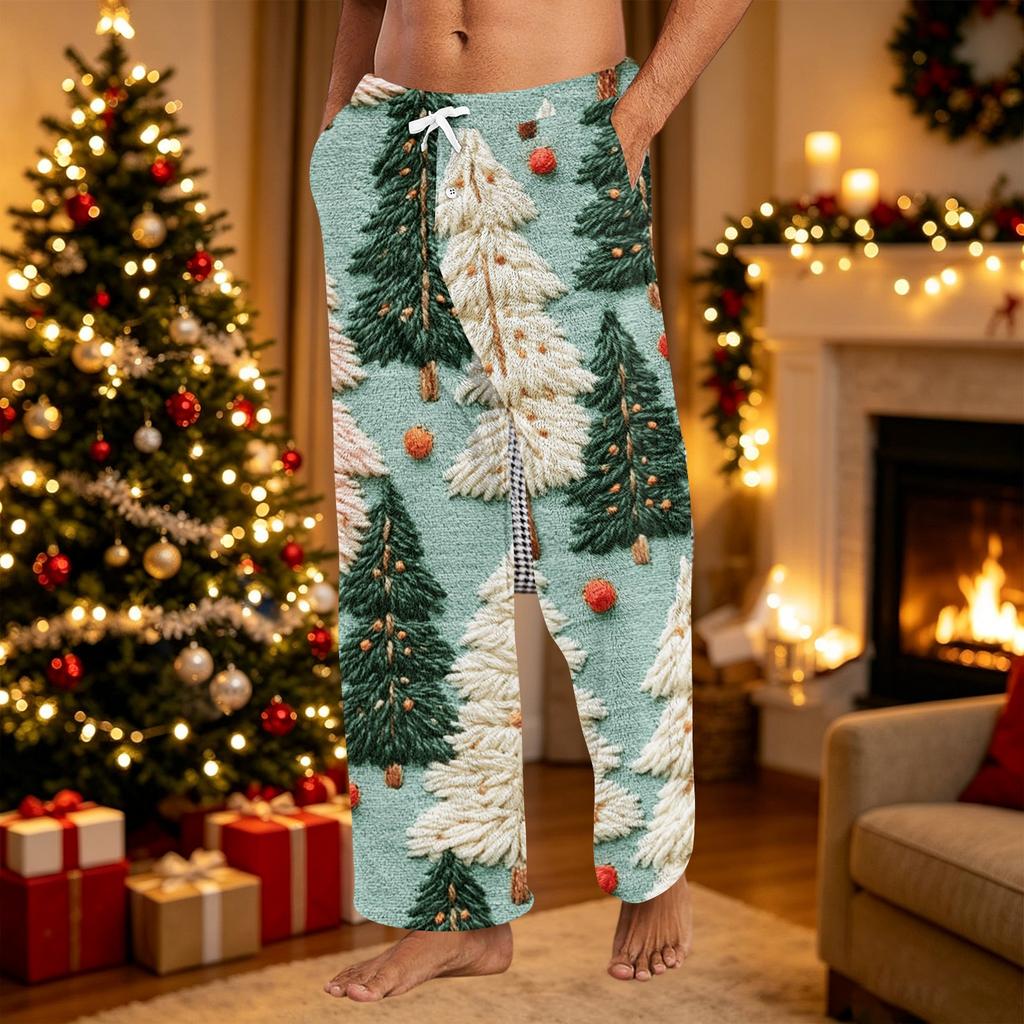 Men's Casual Christmas Print Plush Pajama Pants Sleepwear for Holiday