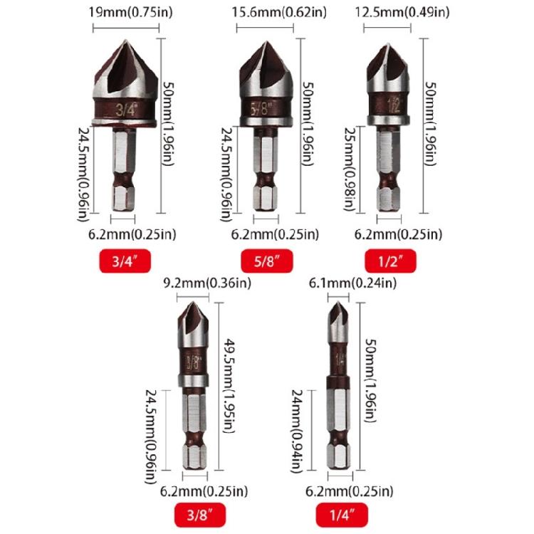 5 Schneiden Sechskantschaft Senkbohrer-Kollektion 1/4" 3/4" Größen 82° Winkelspitze Optimiert für Edelstahl Hartholz Bohren