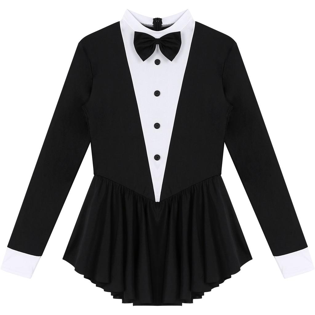 Women's Sexy Waitress Role Play Costume S-XXL: Contrast Color Tuxedo Style Dress with Bowknot Buttons & Long Ruffle Sleeves