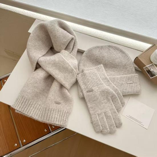 3Pcs/Set Women Hat Scarf Gloves Set Solid Color Ribbed Trim Brimless Hat Long Scarf Warm Gloves Set Winter Accessories