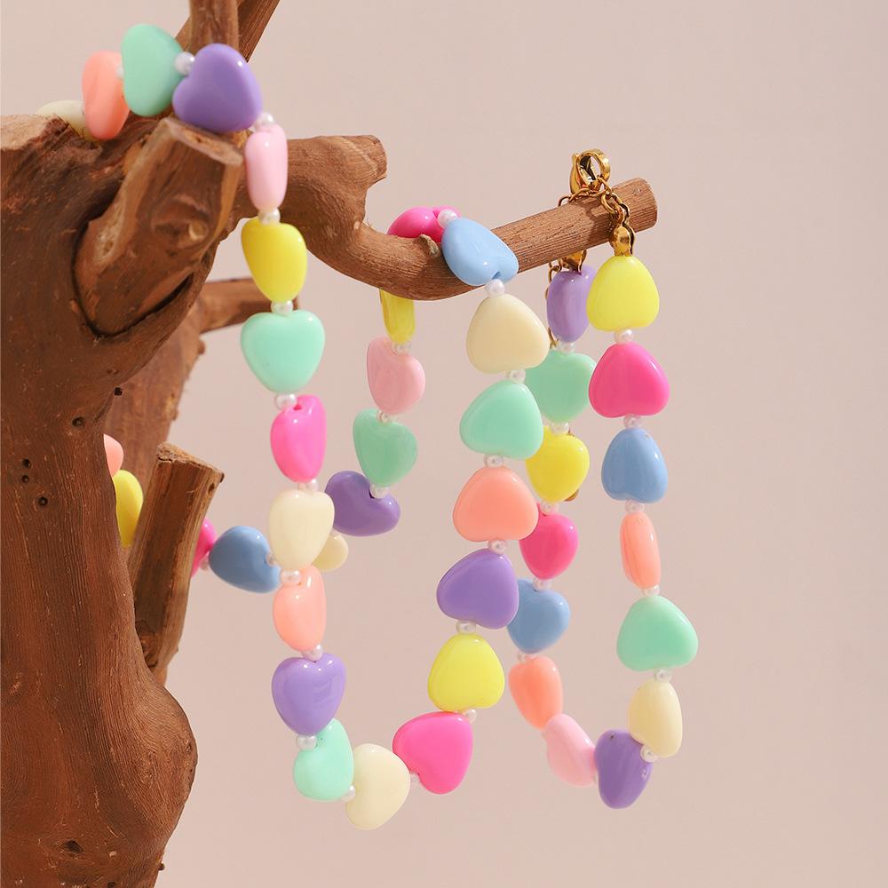 Multicolour Acrylic Heart Beads Necklace Bracelet Set Women Candy Color Love Heart Beads Stainless Steel Chain Handmade Jewelry