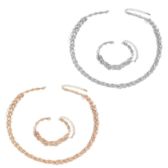 2Pcs/Set Women Jewelry Set Leaves Shape Rhinestone Inlaid Adjustable Length Necklace Bracelet Set Party Wedding Decor