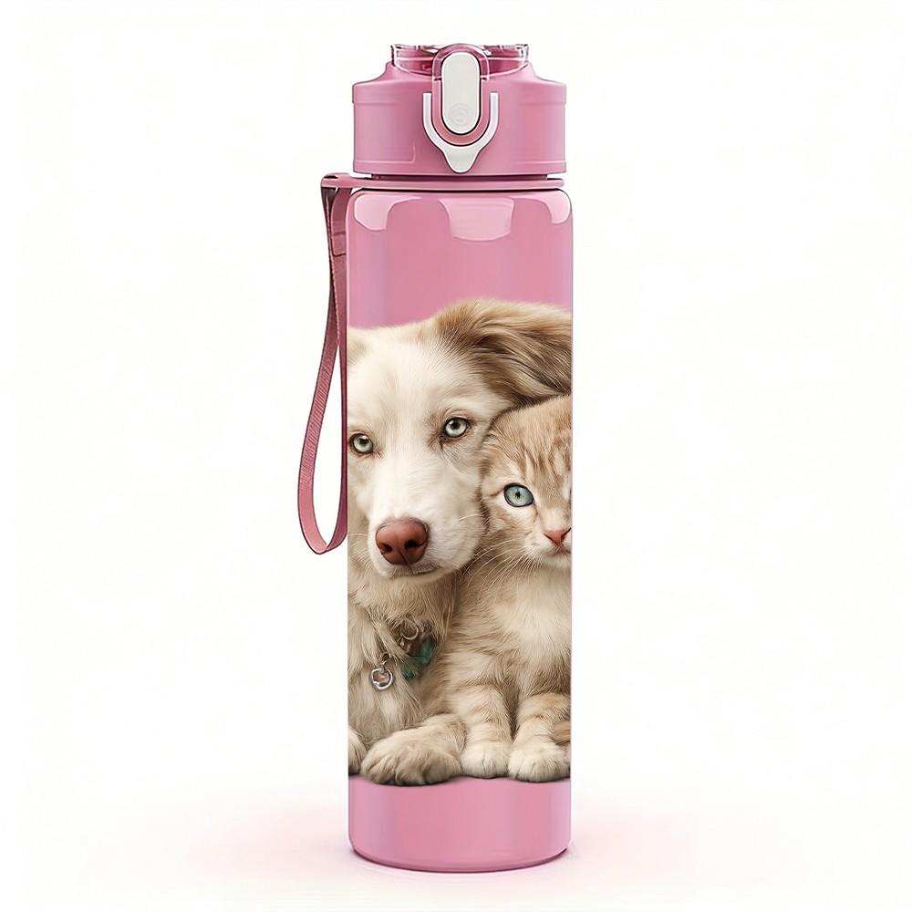 1PC Two Cute Puppy Dogs Snuggling Print 750ml Color Plastic Sports Water Bottle Leakproof Flip Straw Lid Suitable for Sports Office Home Use