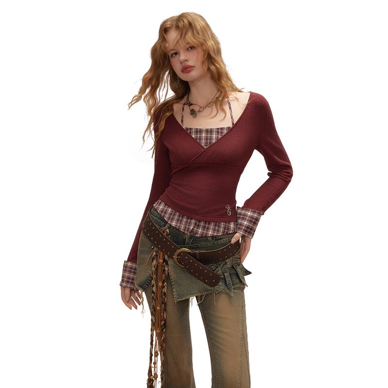 UNIFREE Women s Faux Two-Piece V-Neck Knit Crop Top S