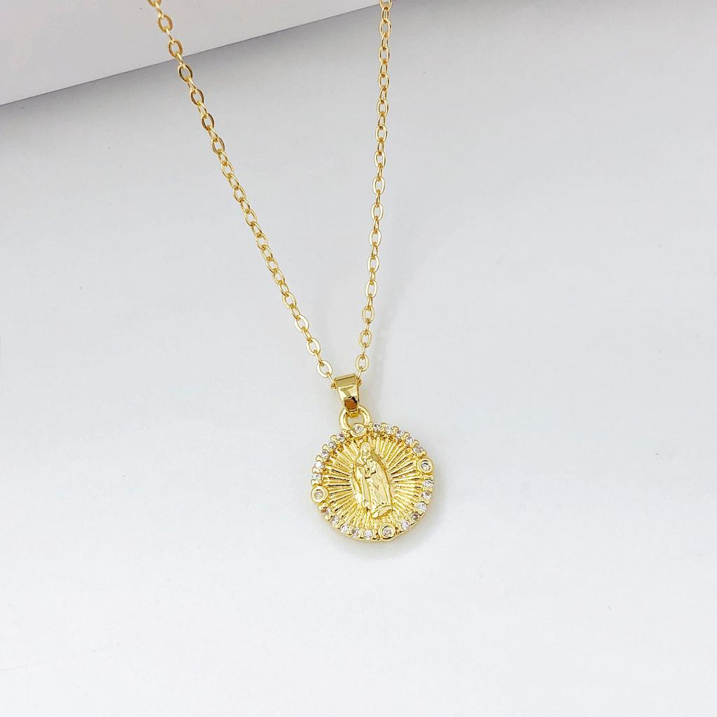 Virgin Mary St. Jude Prayer Shining Rhinestone Pendant Necklaces Gold color Women/Men Religious Neck Jewelry for Daily Wear