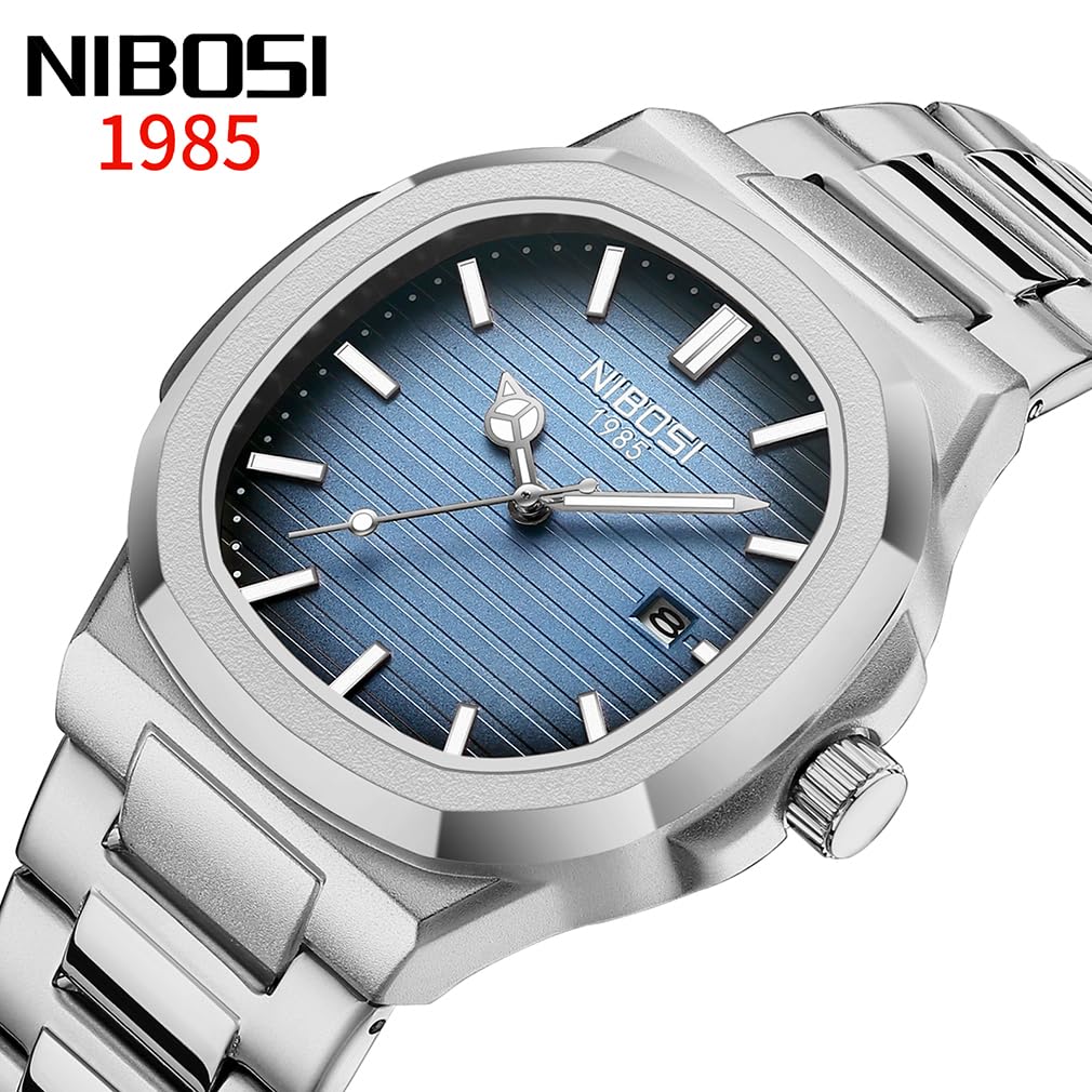 Stylowy zegarek na rękę NIBOSI ze stali nierdzewnej, wodoodporny zegarek analogowy z datownikiem metalowym, fluorescencyjny, klasyczny zegarek luksusowy w kolorze srebrnym i niebieskim, idealny