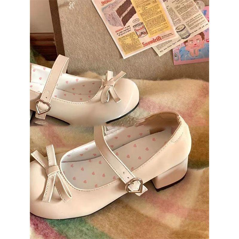 Vintage Mary Jane Shoes Women's 2024 New Summer Bow High Heels French Single Shoes Round Head Thick Heel Small Leather Shoes