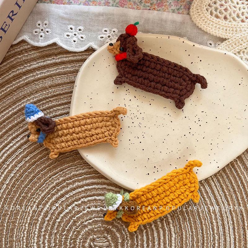 Korean Handmade Dachshund Knit Hair Clip for Children - Cute Cartoon BB Side Bang Accessory