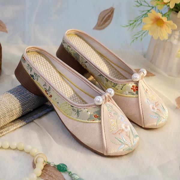 Fashion Home Slippers Women's Square Heel Loafers Slides Cover Toe Massage Block Floral Fabric Embroider Square Toe Block Heel Shoes Loa