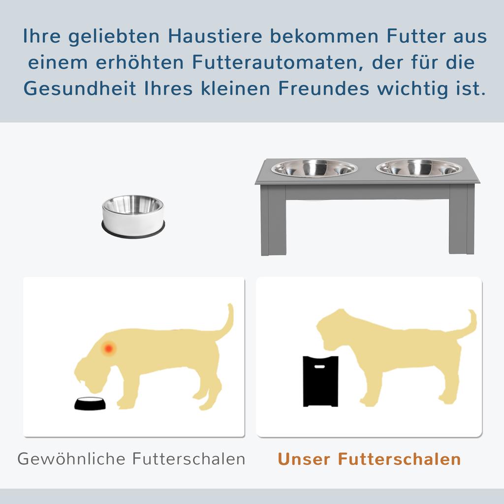 Raised Dog Feeding Bowls with Stand, Stainless Steel for Extra Small and Small Dog, 44L x 24W x 15H cm - Grey
