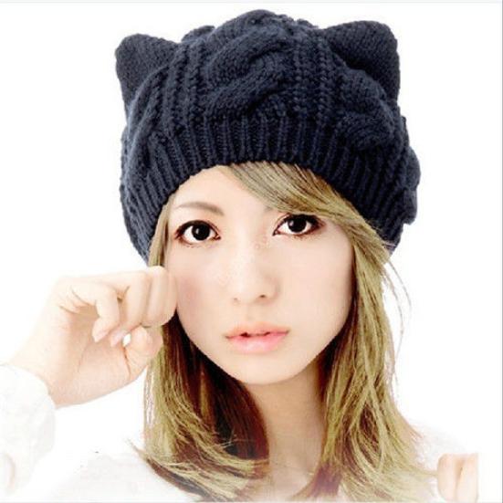 Women's Winter Knit Crochet Braided Cat Ears Beret Beanie Ski Knitted Hat Cap