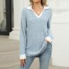 Women's Fashionable Lapel Long Sleeved Color Blocked Loose Casual Pullover Top